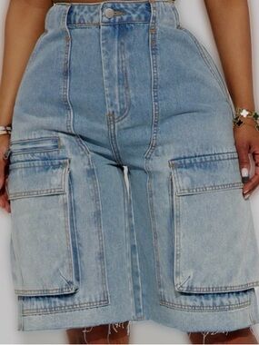 Fashion Nova Light Wash Denim Cargo Shorts